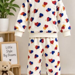 Girls Cream Multicolor Heart Print Fleece Suit