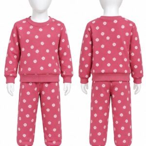 Baby Girls Daisy Floral Print Terry Suit – Rose Pink Winter 2 Piece Set (Sweatshirt + Trouser)
