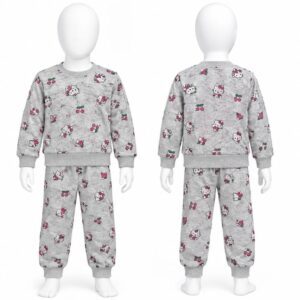 Baby Girls Kitty Cat & Fruit Print Terry Suit – Grey Winter 2 Piece Set (Sweatshirt + Trouser)