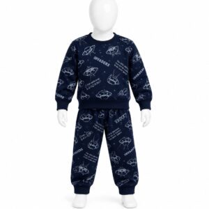 Kids Space Invaders Print Cotton Fleece Tracksuit – Boys Sweatshirt & Jogger Pants Set (Navy Blue)
