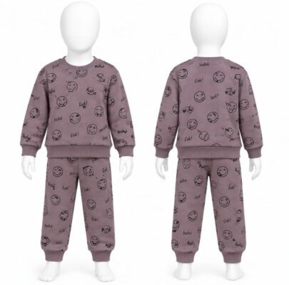 Baby Boys Smiley Face Print Fleece Suit – Mauve Winter 2 Piece Set (Sweatshirt + Trouser)