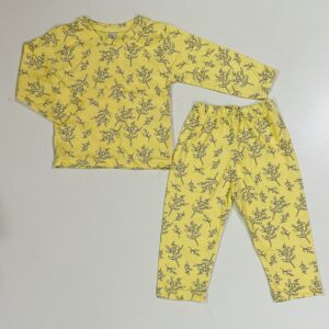 Girls Yellow Floral Print Jersey Nightsuit – 2 Piece Cotton Pajama Set