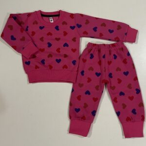 Baby Girls Heart Print Terry Suit – Pink Winter 2 Piece Set (Sweatshirt + Trouser)
