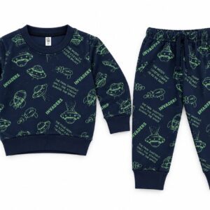 Baby Boys Space Invaders UFO Print Fleece Suit – Navy Winter 2 Piece Set (Sweatshirt + Trouser)
