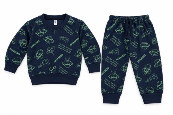 Baby Boys Space Invaders UFO Print Fleece Suit – Navy Winter 2 Piece Set (Sweatshirt + Trouser)