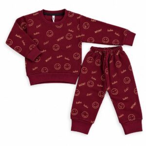 Kids Smiley Face Print Fleece Suit – Maroon Winter 2 Piece Set (Sweatshirt + Trouser)