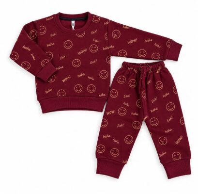 Kids Smiley Face Print Fleece Suit – Maroon Winter 2 Piece Set (Sweatshirt + Trouser)