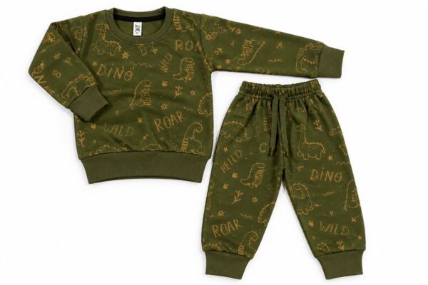 Baby Boys Dino "Wild Roar" Print Terry Suit – Olive Green Winter 2 Piece Set (Sweatshirt + Trouser) suit