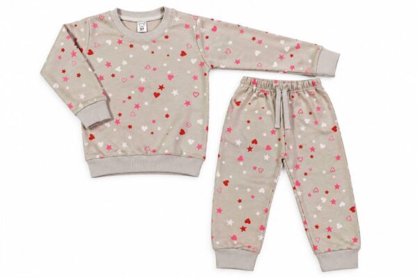 Baby Girls Star & Heart Print Terry Suit – Beige Winter 2 Piece Set (Sweatshirt + Trouser)